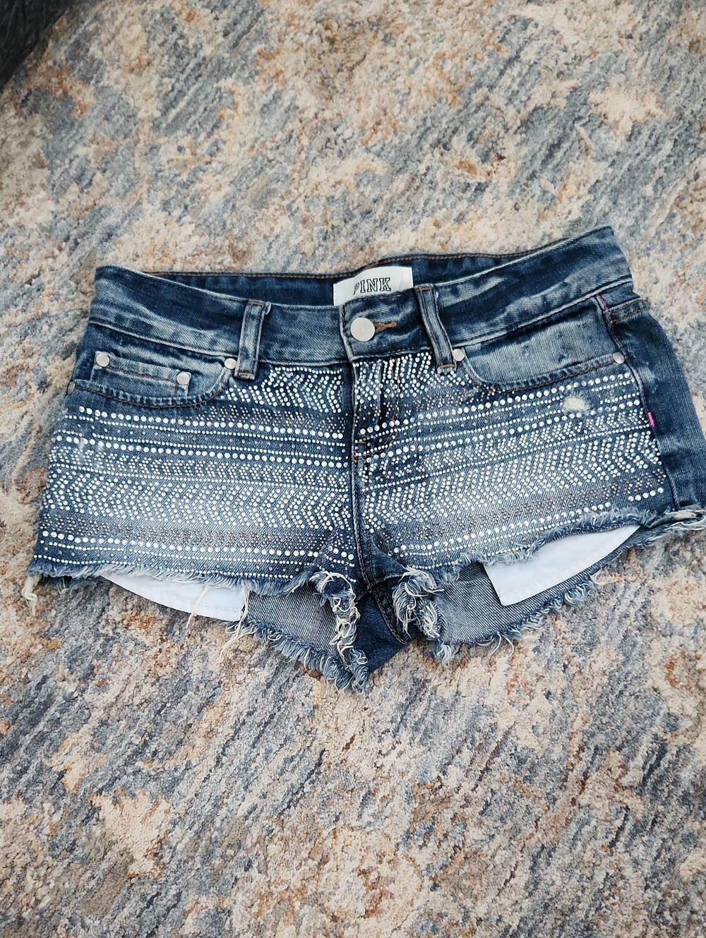 PINK Victoria's Secret Distressed Embellished Denim Shorts - Blue